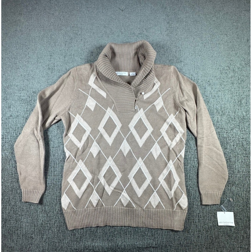 Liz Claiborne Woman Argyle Sweater Smokey Taupe‎ Multi Shawl Collar 1X New